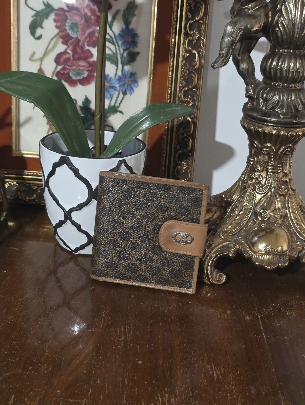 Vintage Celine Brown Leather-Trim, Monogram Coated Canvas Bifold Wallet